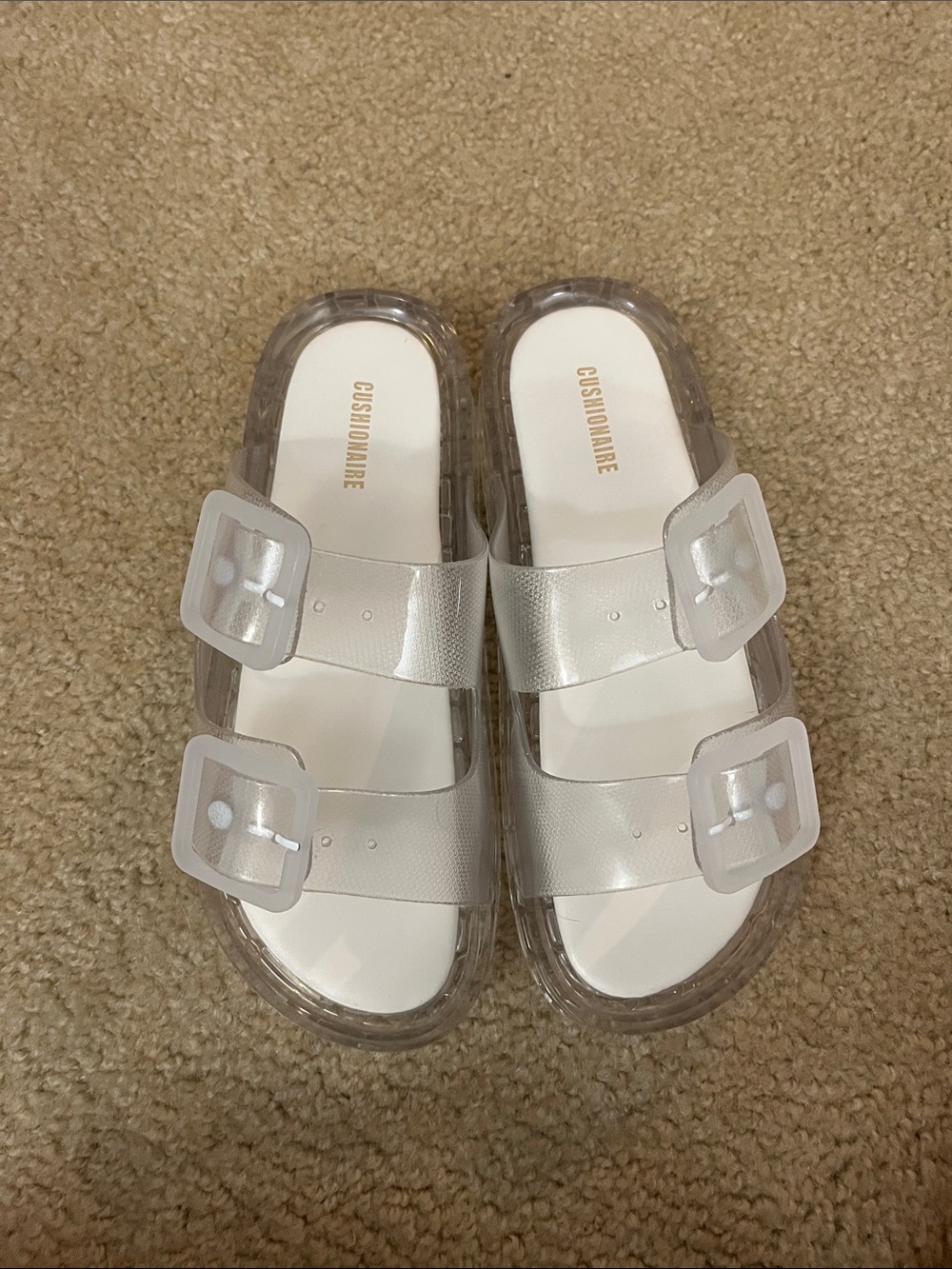 Cushionaire Clear White Double-Buckle Slide Sandals 7.5